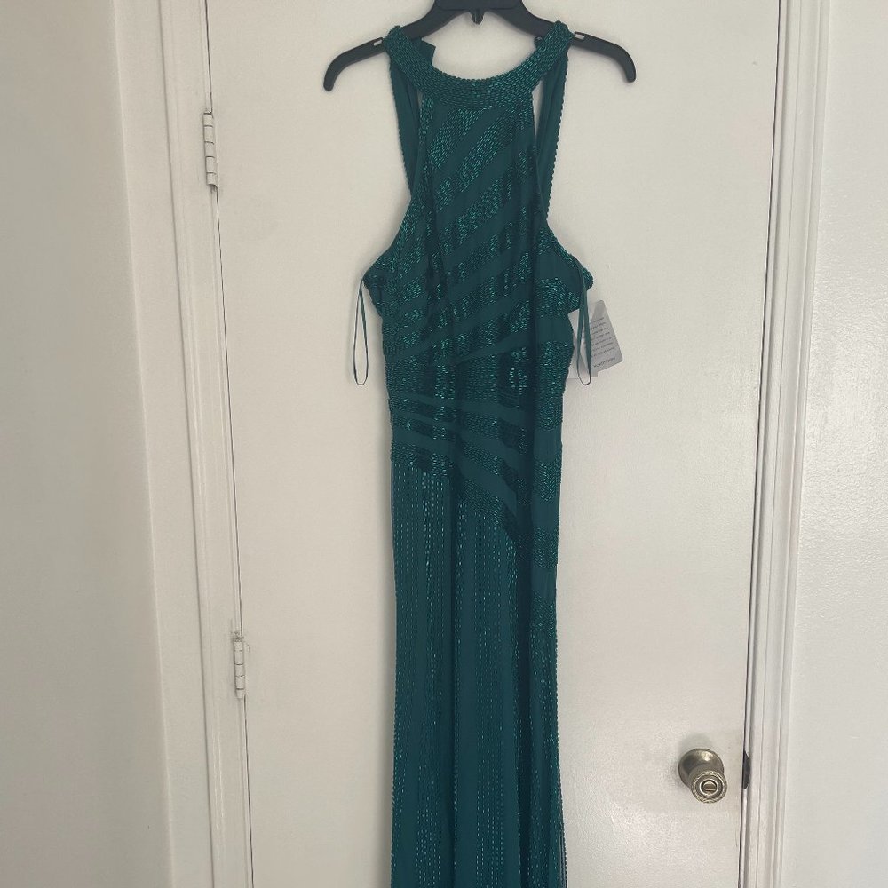 Green Beaded Halter Neck Gown